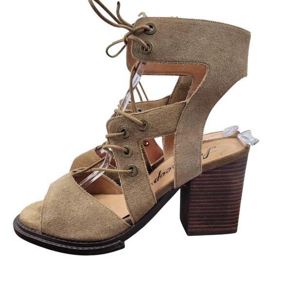 Free People Lace-Up Suede Sandals | Wooden Block Heel Boho | Tan Vacation Shoes - Picture 1 of 16